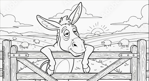 Children's coloring book - A sad donkey can't climb over a fence in a rural area