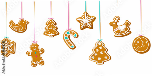 Festive hanging gingerbread cookies in various holiday shapes for decoration