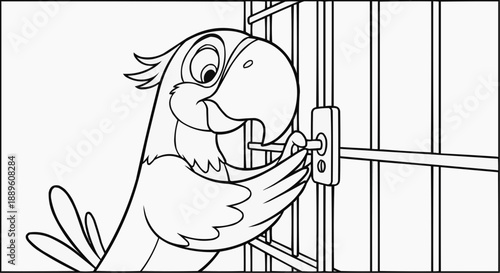 Children's coloring book - Cartoon parrot unlocking a cage with a happy expression  