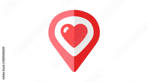 Stylized 3D Red Gradient Map Pin with Heart Outline Centered in Plain White Space - Illustration of Love Marker in Teardrop Shape