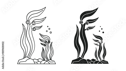 Black and white angler fish illustration with seaweed