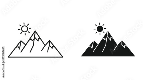 Simple line art mountain range with sun symbol