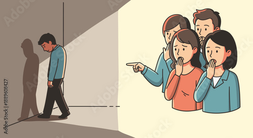 A man stands dejectedly in a corner, casting a long shadow, as a group of people point and gossip, depicting social exclusion and mental health issues.