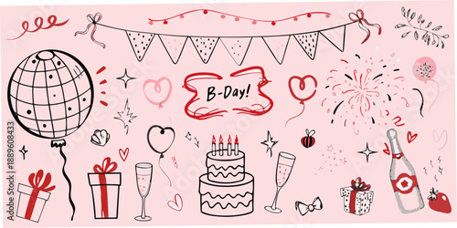 A charming hand drawn illustration of birthday decorations and celebratory elements