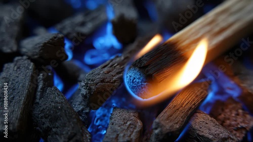 Fire ignites on charcoal as a match is struck in a backyard barbecue setup during a summer afternoon