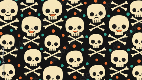 Fun Halloween pattern features smiling and frowning skulls with crossbones and colorful dots on a dark black background for spooky decor.