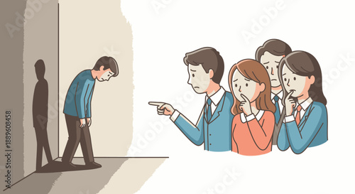 A poignant illustration captures a man's deep sadness and social exclusion, burdened by harsh judgment and bullying from a critical group.