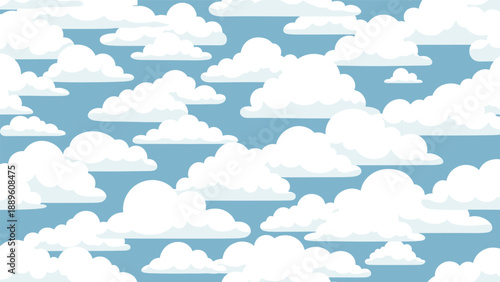Peaceful seamless pattern shows multiple layers of white fluffy clouds against a light blue sky for a calm and airy background design.