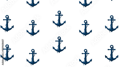 Nautical themed seamless pattern displays multiple dark blue anchors with ropes arranged in a clean repeating grid on a white background.