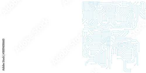 Blue circuit board on transparent background. Thin line wires and dots. AI chip innovation concept. Tech pattern for web, banner design, and presentation bg. Digital vector illustration.