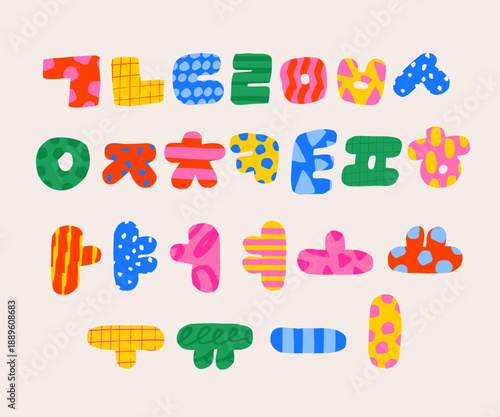 Hand drawn Korean alphabet letters with vivid multi patterns for kids