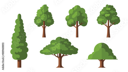 Set of six diverse green trees in various shapes and sizes is presented in a flat design style for landscape and outdoor illustrations.