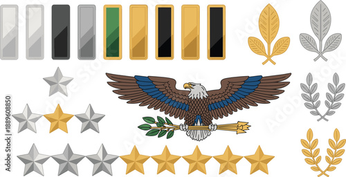 Military rank insignia set with bars, stars, eagle, and leaves, symbolizing hierarchy, honor, achievement, and armed forces structure