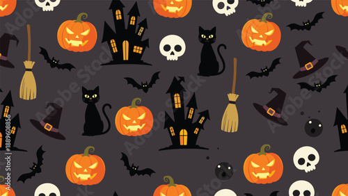 Crowded Halloween seamless pattern features black haunted houses, carved pumpkins, black cats, bats, witch hats, and skulls on dark grey.