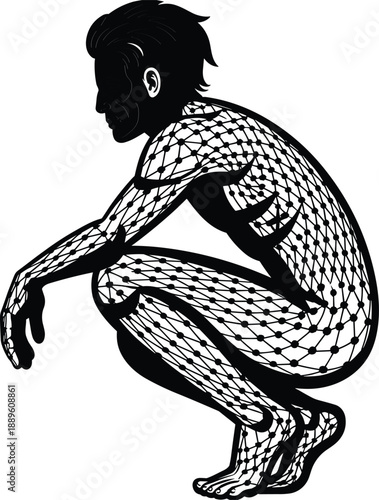 Geometric mesh human figure, squatting pose, digital anatomy, network pattern, conceptual art, biomechanics, futuristic design, data visualization, abstract illustration