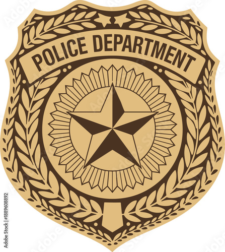 Police department badge with star and laurel wreath, symbolizing law enforcement, authority, honor, protection, security, and official insignia