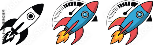 Rocket progress concept with speedometer gauges, symbolizing startup acceleration, performance growth, business improvement, innovation, and technology advancement