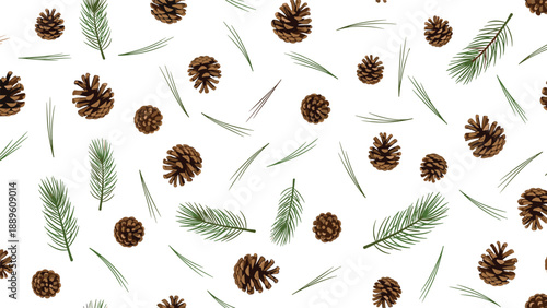 Winter holiday seamless pattern with brown pine cones and green pine needles scattered on a clean white background.