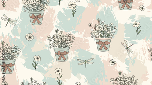 Shabby chic seamless pattern with flower pots, white daisies, dragonflies, and abstract pastel brush strokes on beige.