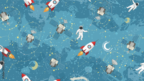 Space adventure seamless pattern with astronauts, rockets, satellites, planets, moons, and constellations on blue background.