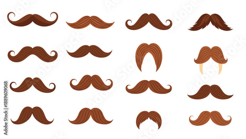 Set of sixteen various brown mustache styles and shapes including handlebar and chevron on a clean white background.