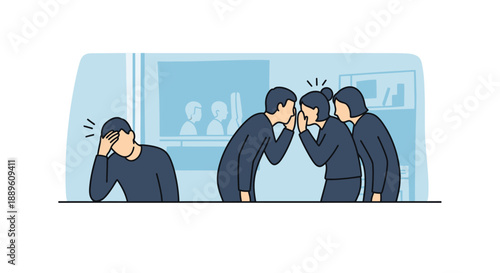 A distressed person feels isolated and overwhelmed while colleagues gossip, powerfully illustrating workplace bullying, social exclusion, and mental health impact.