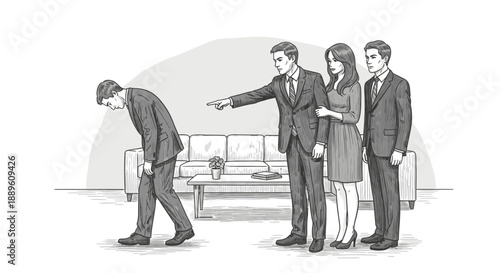 A dejected employee walks away with head bowed after being dismissed by his boss, symbolizing job loss, corporate rejection, and professional failure.