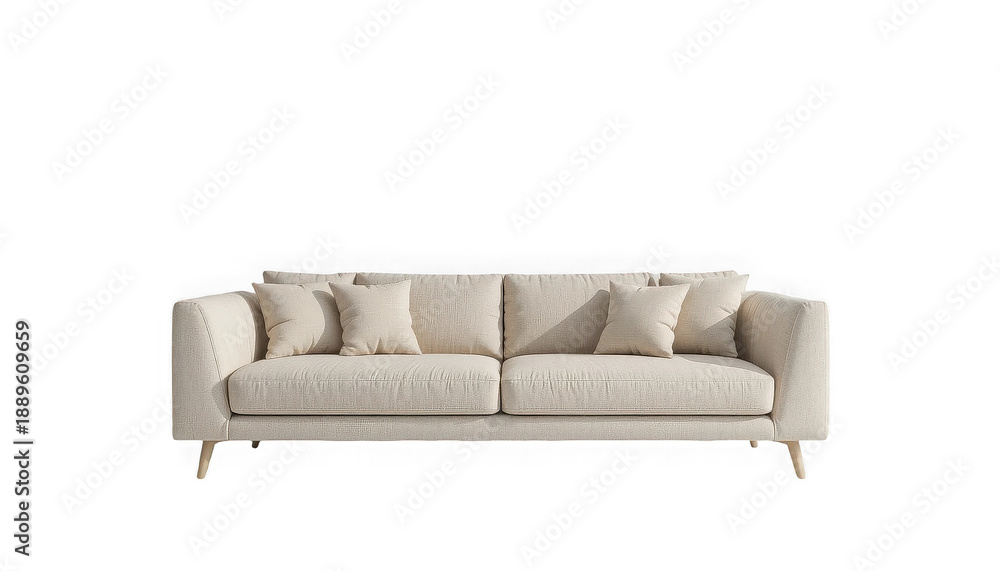 Fototapeta premium Beautifully textured cream colored three seater sofa with soft throw pillows and light wooden legs on transparent background
