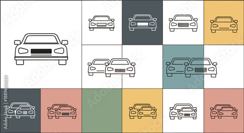 Car icons and vehicle silhouettes in blue outlines for automotive services, transport fleet management and car rental agency design.