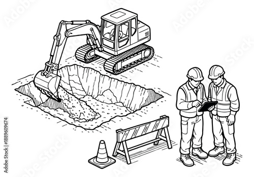 Hand drawn line art construction set featuring an excavator, workers, and safety elements for building projects