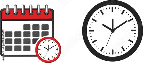 Calendar and analog clock icons representing time management, appointment scheduling, deadline reminders and productivity for business and personal planning.
