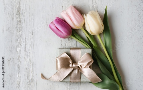 A beige gift box sits amid a bouquet of multicolored tulips on a light table. Perfect for the spring holidays.
