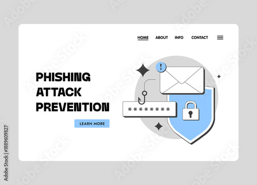 Phishing attack prevention landing page. Hero section with alert envelope, hook, password, lock shield. Cybersecurity education, phishing attack prevention web design technology vector illustration