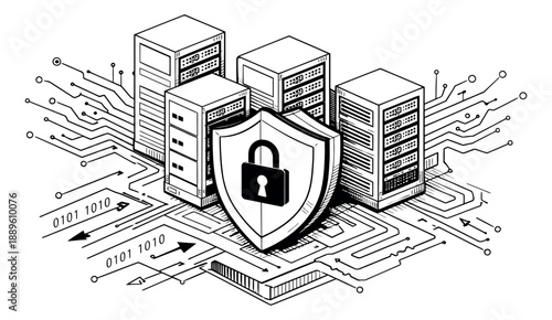 Hand drawn line art illustration of server racks depicting data security for information technology