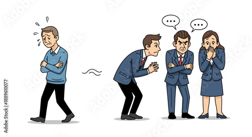 An illustration depicting a man being bullied and harassed by colleagues in a negative workplace environment, causing him emotional distress and anxiety.