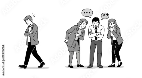 An illustration showing a man walking away, feeling isolated and upset, while a group behind him gossips and judges, depicting social exclusion and conflict.