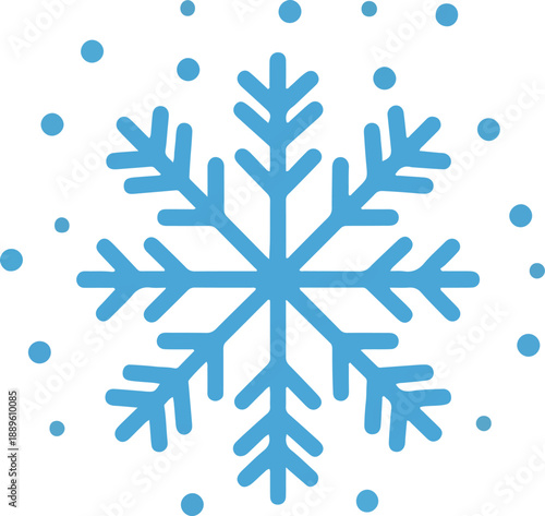 Stylized blue snowflake icon with surrounding falling snow dots on a white background