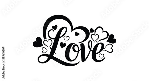 A beautifully designed calligraphy illustration featuring the word love surrounded by delicate heart shapes creating a romantic aesthetic
