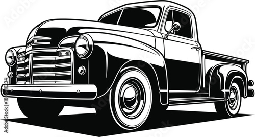 Classic American pickup truck illustration in a bold highcontrast black and white graphic style.