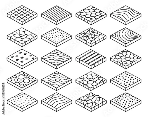 Hand drawn isometric texture blocks set featuring various surface patterns for game and map design