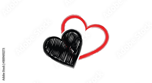 A simple illustration depicts two hearts one black and filled the other red and outlined symbolizing affection