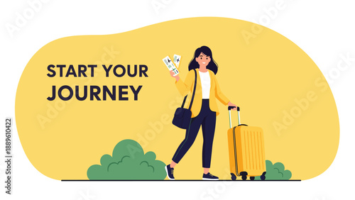 Travel concept illustration featuring a young woman holding flight tickets and pulling a yellow suitcase against a sunny yellow background.