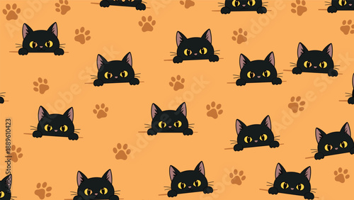 Seamless pattern featuring cute black cat faces peeking out with yellow eyes and brown paw prints on a warm orange background for pet lovers.