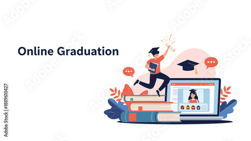 Conceptual illustration of an online graduation ceremony with a student jumping over books and a virtual event shown on a laptop screen.
