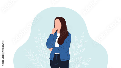 Minimalist illustration of a young woman standing and thinking with her hand on her chin against a soft blue background with leaf outlines.