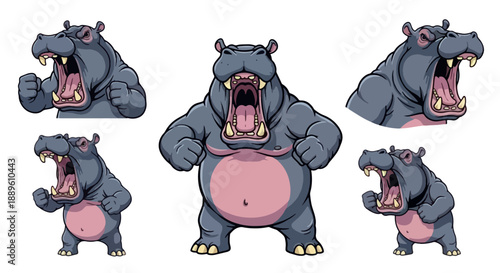 Cartoon style hippos displaying open mouths and powerful expressions