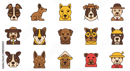 A Collection of Diverse Cartoon Dog Faces and Characters with Various Expressions
