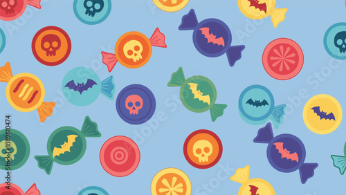 Fun Halloween candy seamless pattern with colorful wrapped sweets featuring skulls bats and orange slices on a light blue background.