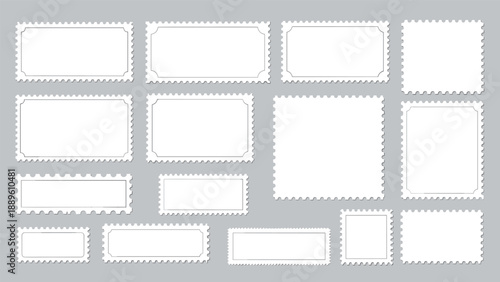 Variety of blank postage stamps with perforated edges and various rectangular and square shapes isolated on a grey background for collectors.