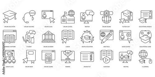 online education icons set. Set of editable stroke icons.Set of online education